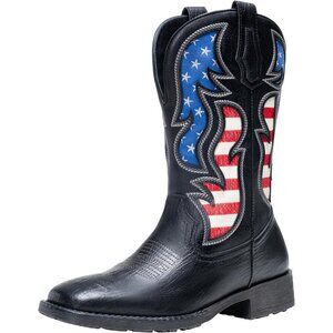 Men's Black 1 Western Boot Side Zipper American Flag Retro Square Toe Mid-Calf
